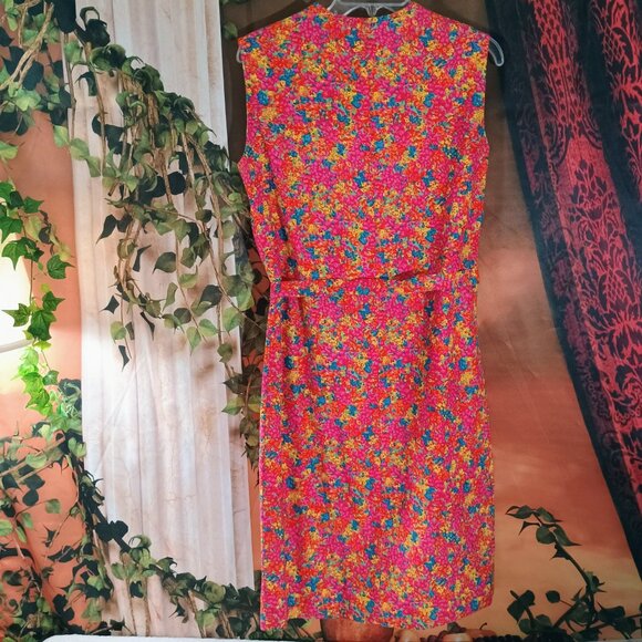 EUC: Vintage 60s Hong Kong Red & Orange Floral Cotton Midi Dress Size see desc - Picture 3 of 8
